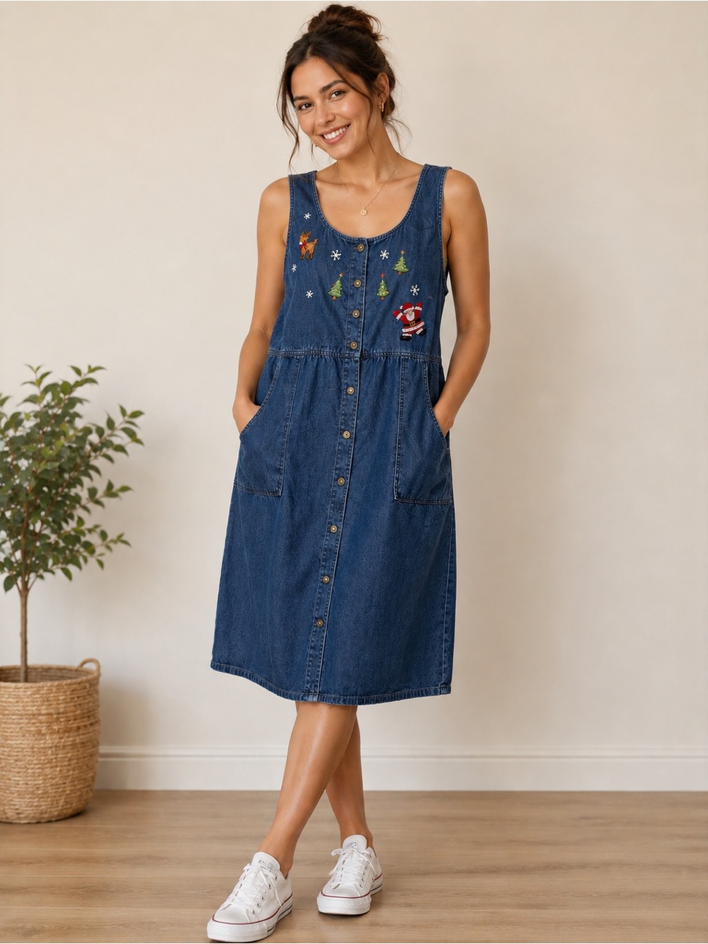 Bobbie Brooks denim embroidery vintage Christmas dress L